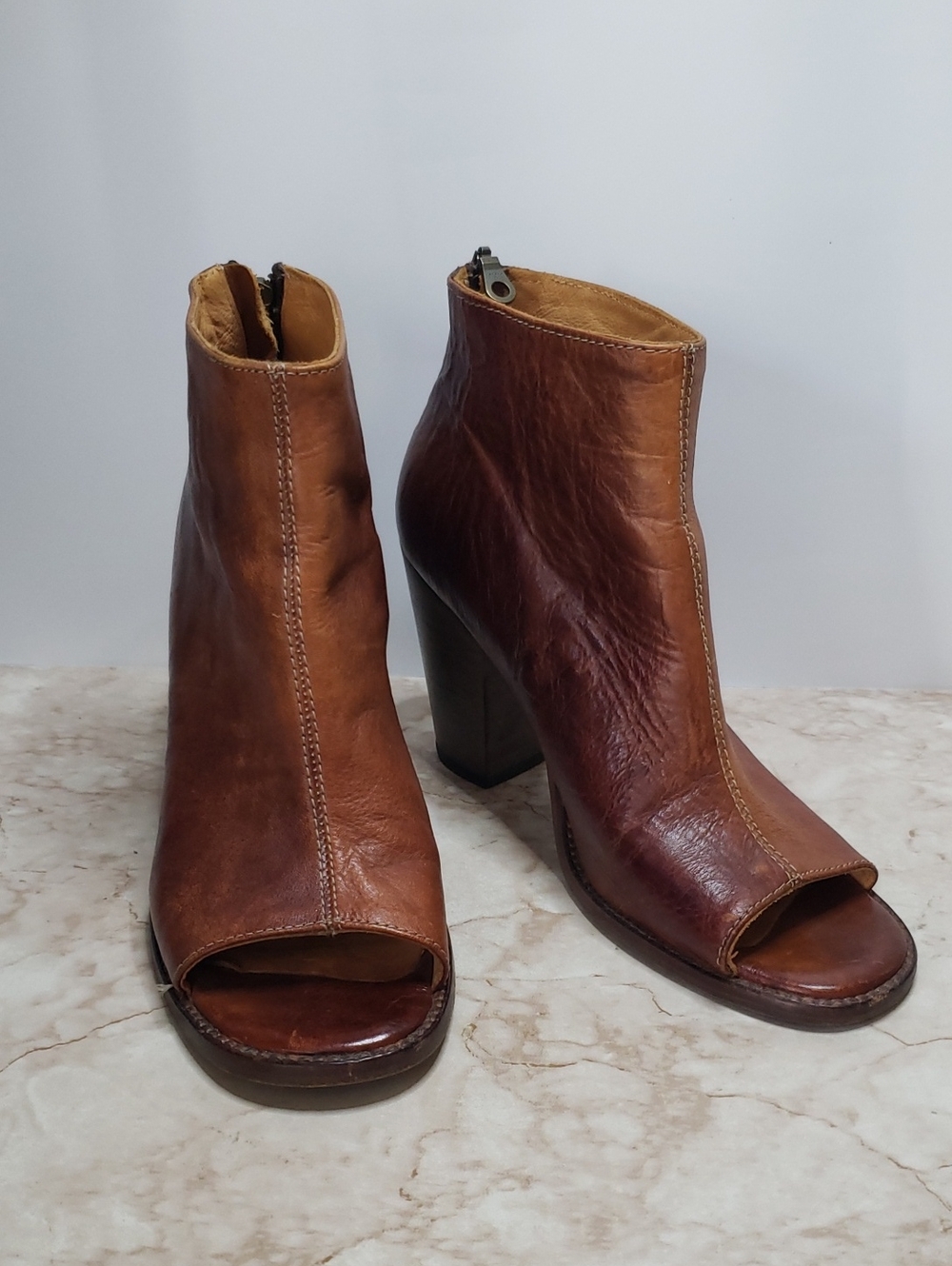 Bed Stu Women's Brown Distress Color Leather Peep-Toe Ankle Boots 10